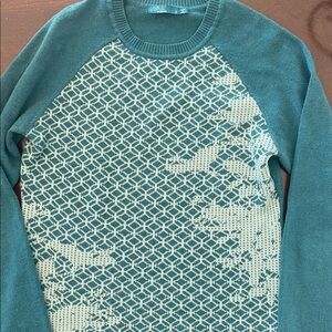 PrAna Crew Neck Wool Blend Sweater. Beautiful Motif Print Fabric, Color! GUC